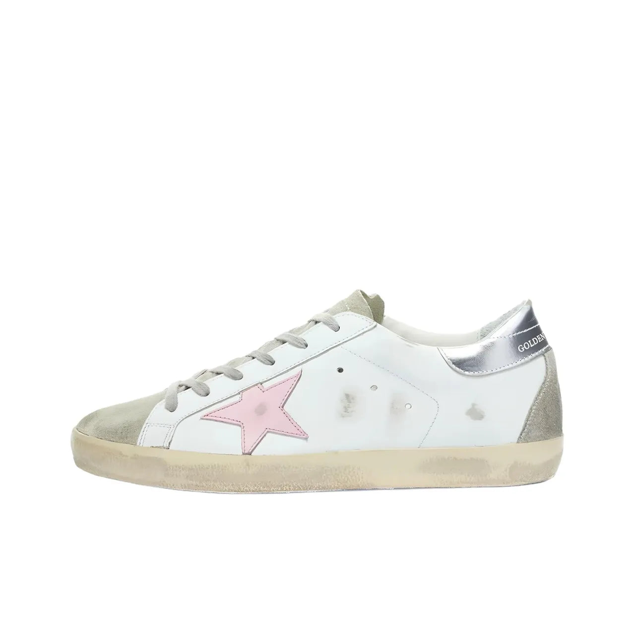 Golden Goose Super Star White Pink Star and Sliver tab heel Sneakers