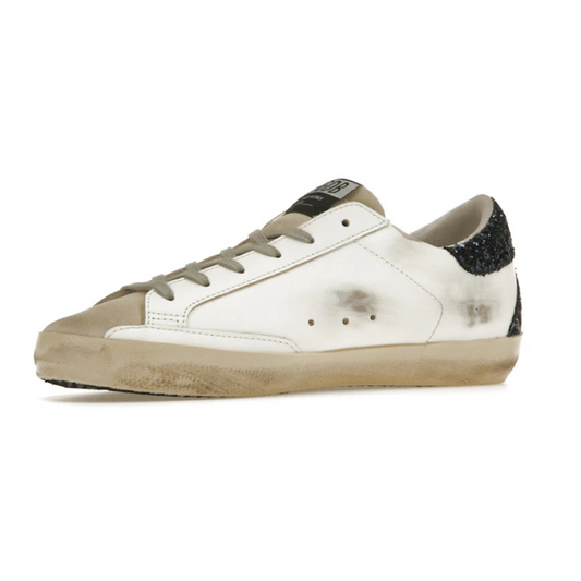 Golden Goose Super Star with sliver glitter star and black heel tab sneakers