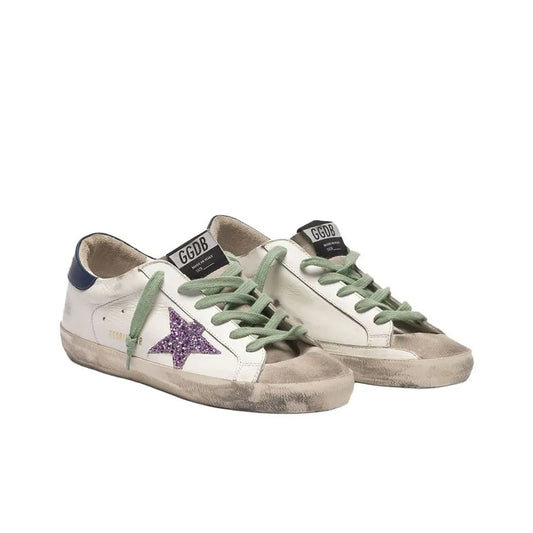 Golden Goose Super Star White Purple Glitter Star Navy tab heel Sneakers