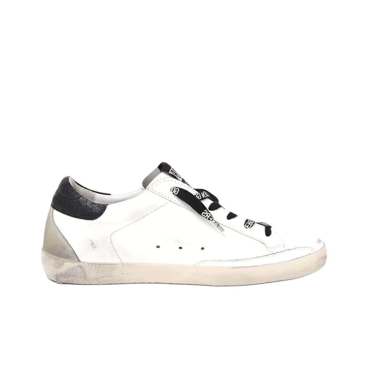 Golden Goose Super Star White Purple Glitter Star and Black tab heel Sneakers