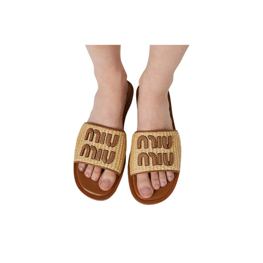 Miu Miu Ecru Brown Flip-Flops