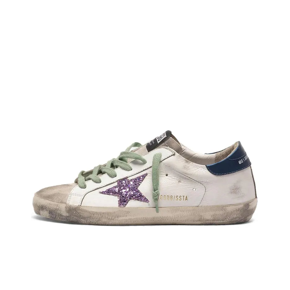 Golden Goose Super Star White Purple Glitter Star Navy tab heel Sneakers