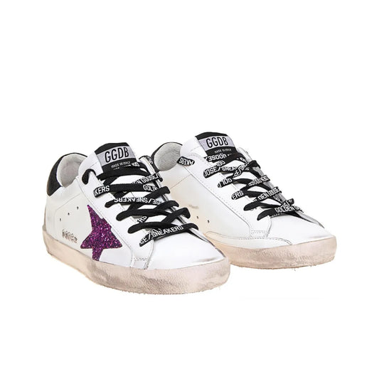 Golden Goose Super Star White Purple Glitter Star and Black tab heel Sneakers