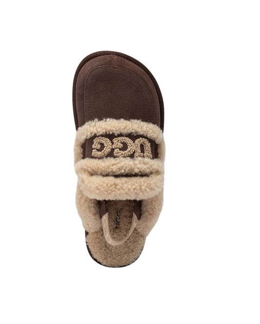 UGG Violet Slipper chocolate brown with a branded strap and thick lug platform sole
