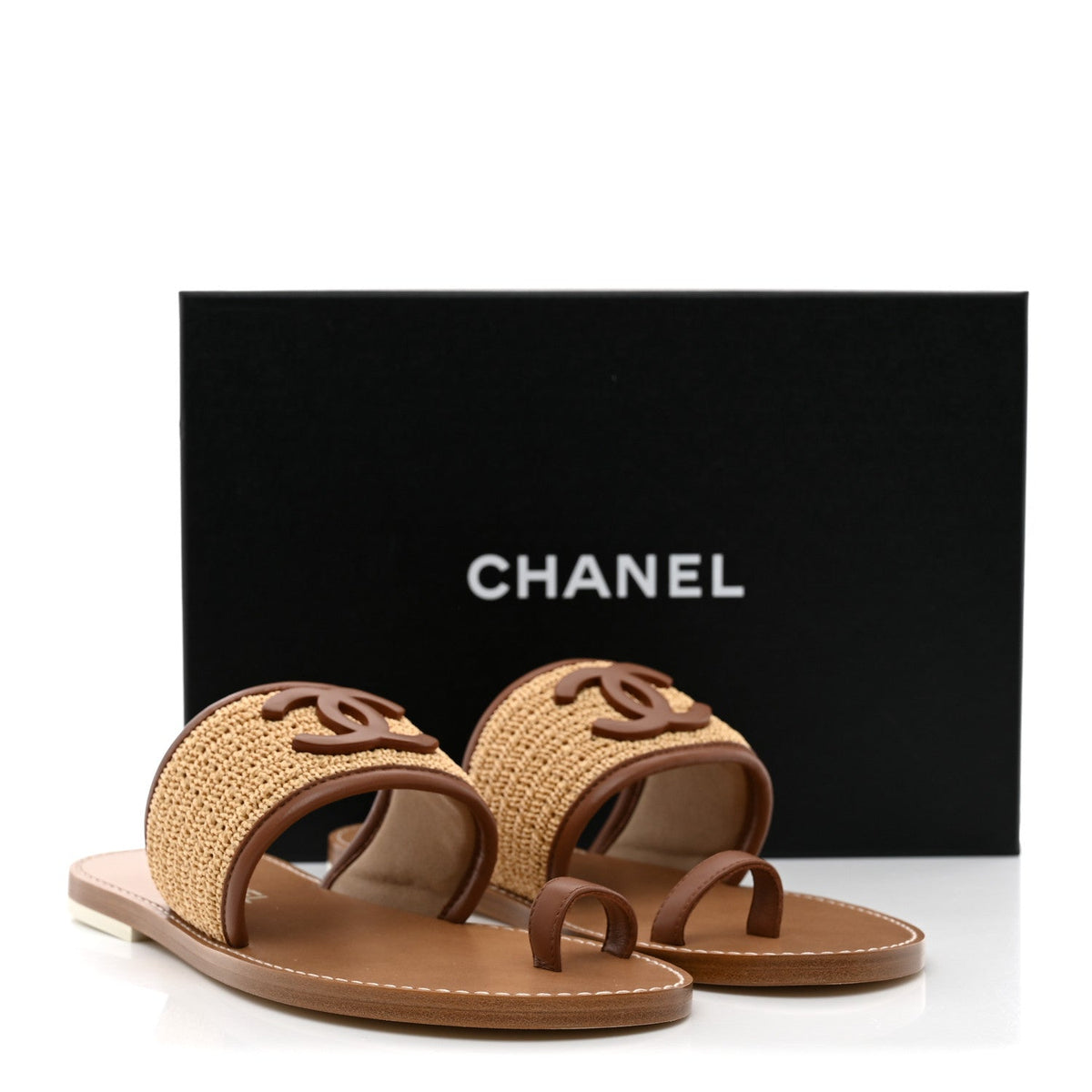 Chanel Raffia Lambskin CC Mules Beige Brown