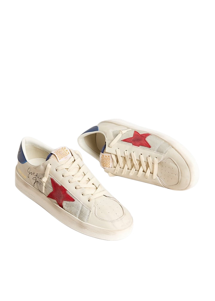 Golden Goose Stardan Leather Sneakers in an ivory white red and blue
