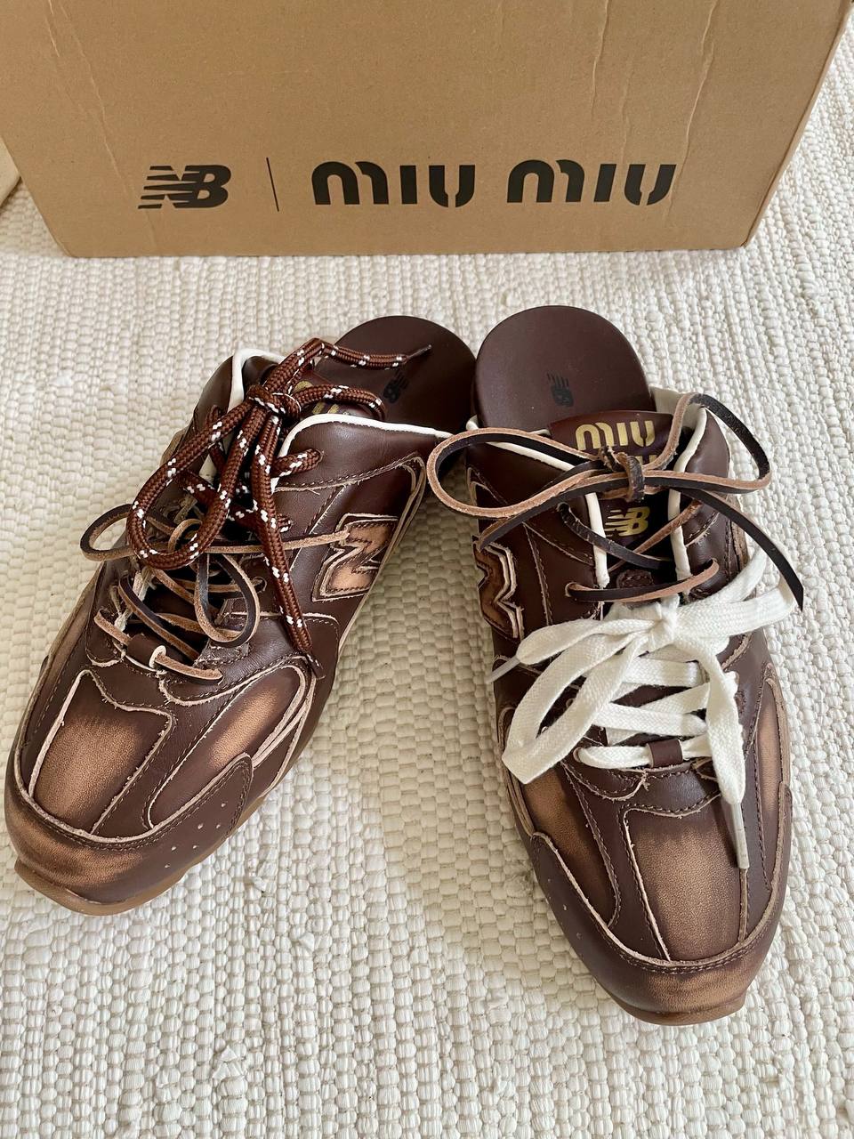 Miu Miu x New Balance 530 SL Slip-On Mule in a brown white