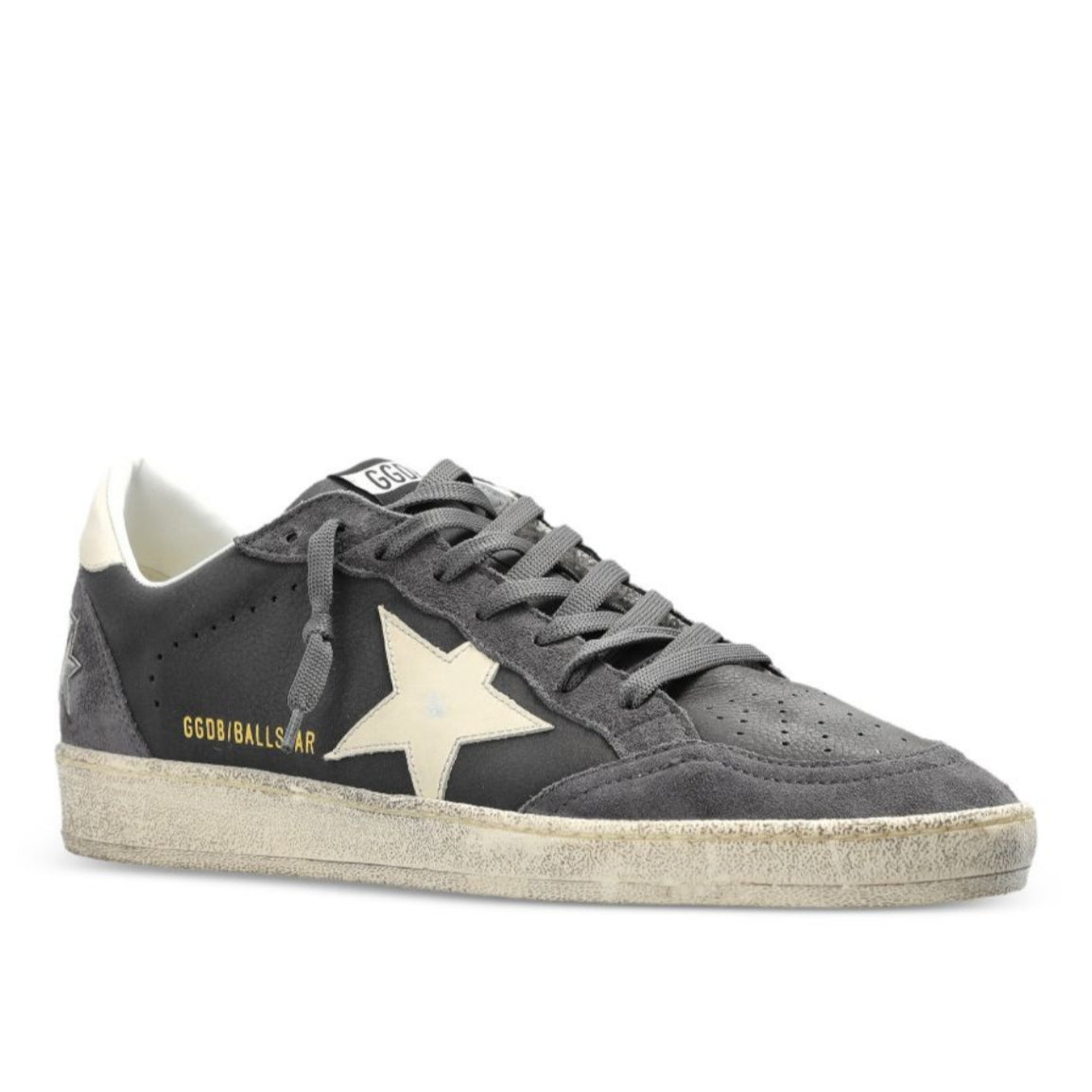 Golden Goose Ball Star Grey Anthracite suede and calf leather upper with a cream white star and heel tab