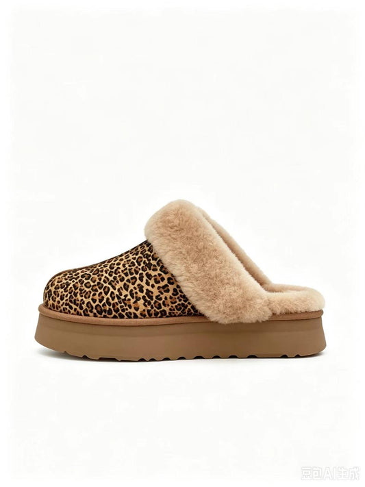 UGG Scuffette II Speckles house slipper featuring a leopard-print cow-hair upper and soft sheepskin collar