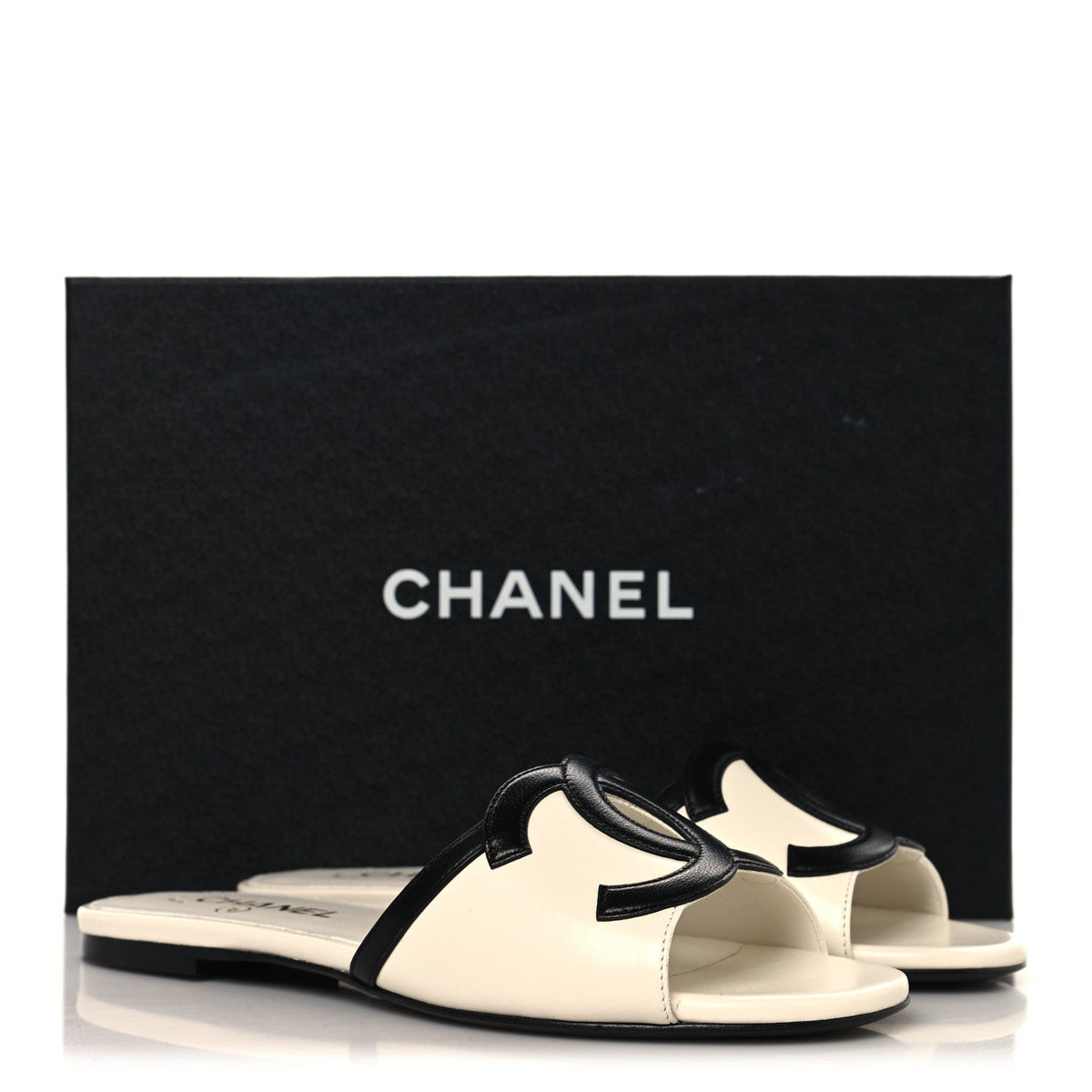 Chanel Lambskin CC Cutout Sandal Mules Ivory Black