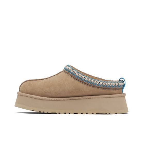 UGG Tazz II slipper in a tan brown suede finish with a contrast blue braided