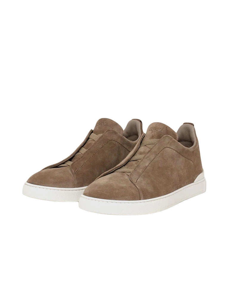 Zegna Dark Beige Suede Triple Stitch Sneakers