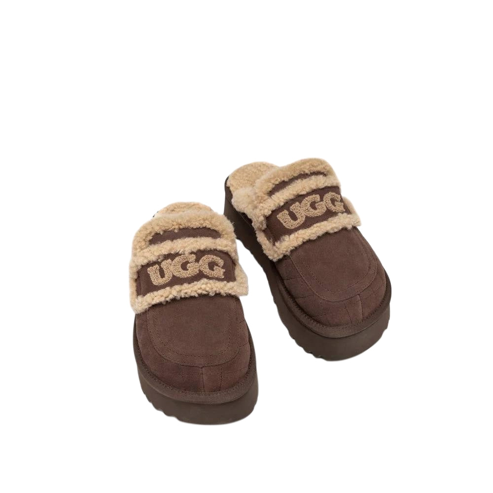 UGG Violet Slipper chocolate brown with a branded strap and thick lug platform sole