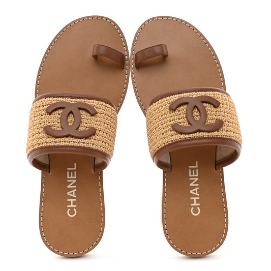 Chanel Raffia Lambskin CC Mules Beige Brown