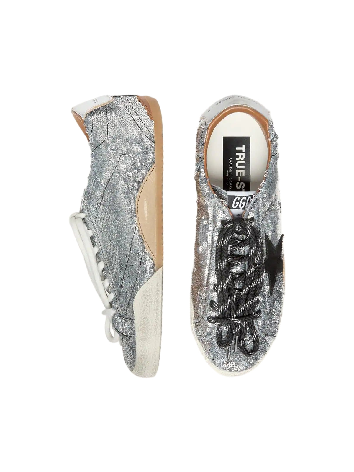 Golden Goose True-Star in silver sequins with black star and silver leather heel tab sneakers