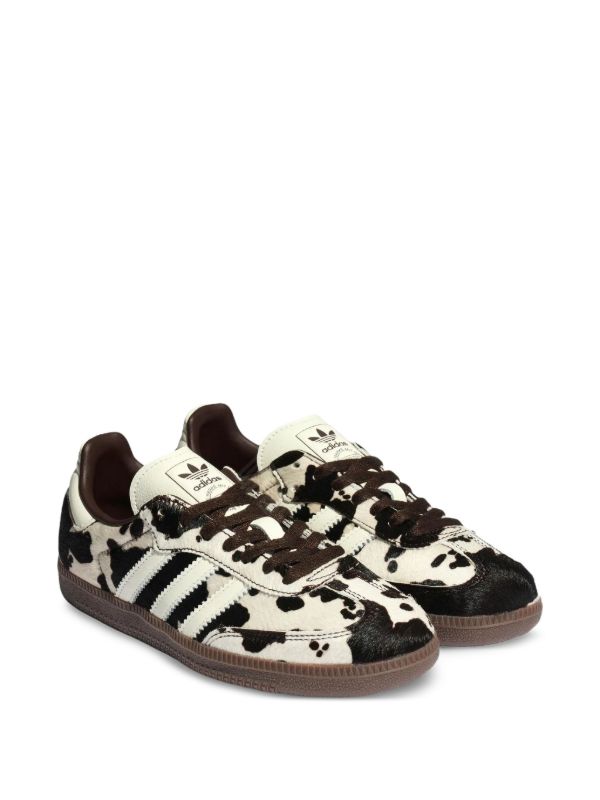 Adidas Samba OG black white cow pattern upper white leather three stripes brown laces