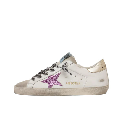 Golden Goose Super Star White Purple Star and Gold tab heel Sneakers