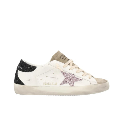 Golden Goose Super Star White Rose Glitter Star and Black Glitter tab heel Sneakers