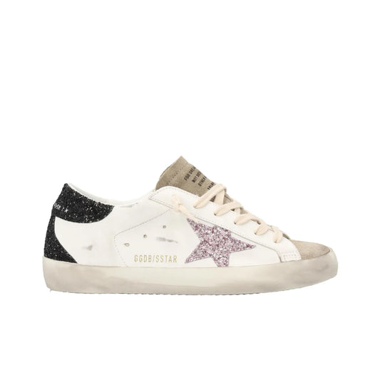 Golden Goose Super Star White Rose Glitter Star and Black Glitter tab heel Sneakers