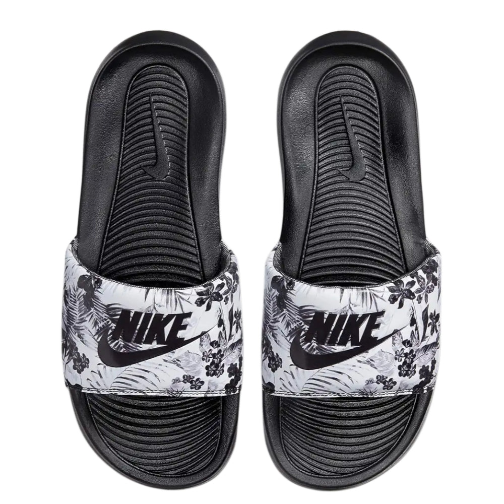 Nike Victori One Printed Slide featuring black white tropical floral