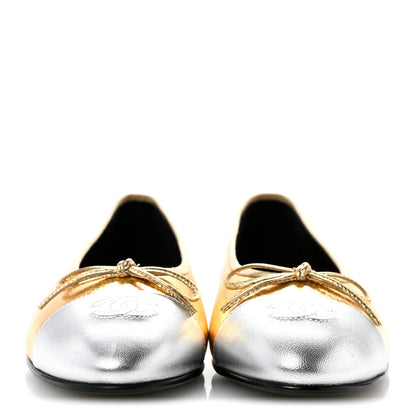 CHANEL Lambskin Cap Toe CC Gold Sliver Ballerina Flats