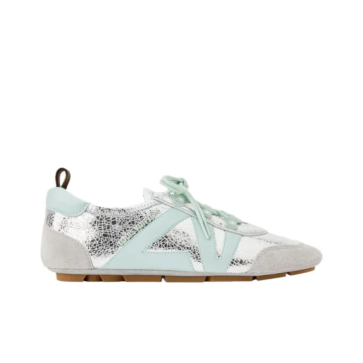 Louis Vuitton LV Sneakerina Silver featuring cracked metallic lambskin with pastel-colored