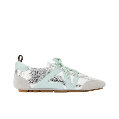 Louis Vuitton LV Sneakerina Silver featuring cracked metallic lambskin with pastel-colored