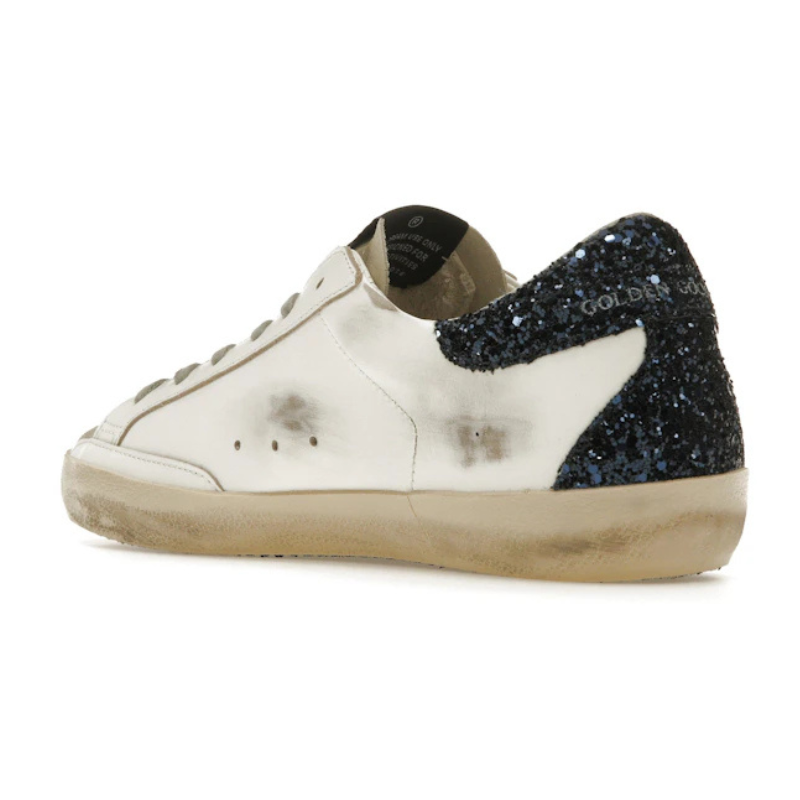 Golden Goose Super Star with sliver glitter star and black heel tab sneakers