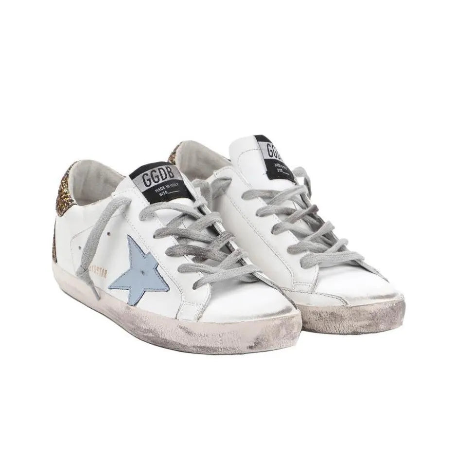 Golden Goose Super Star Nappa Blue Star and Gold Glitter tab heel Sneakers