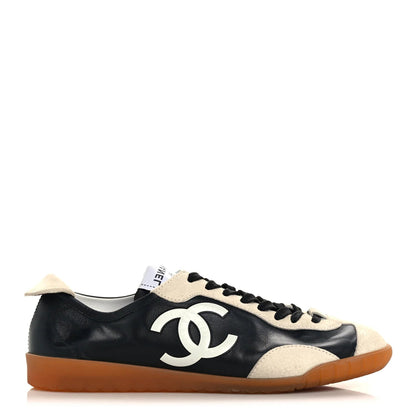 CHANEL Calfskin Embossed Suede Black White Sneakers