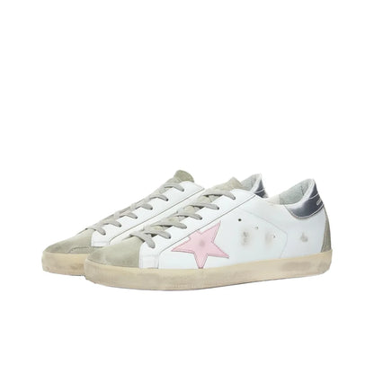 Golden Goose Super Star White Pink Star and Sliver tab heel Sneakers
