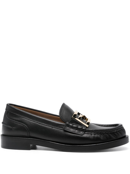 FENDI FF logo-plaque Black leather loafers_Unique Store