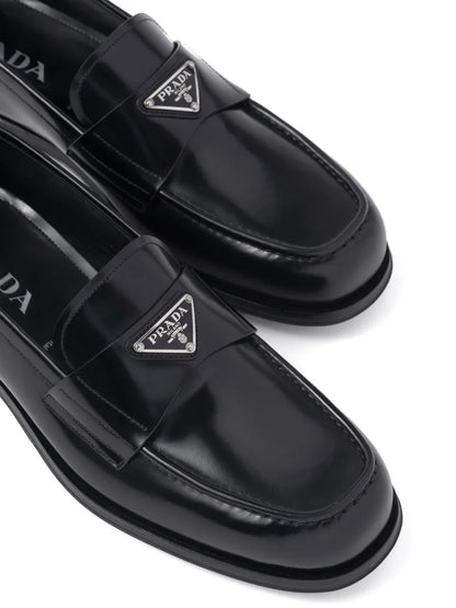 PRADA Black triangle logo brushed leather loafers