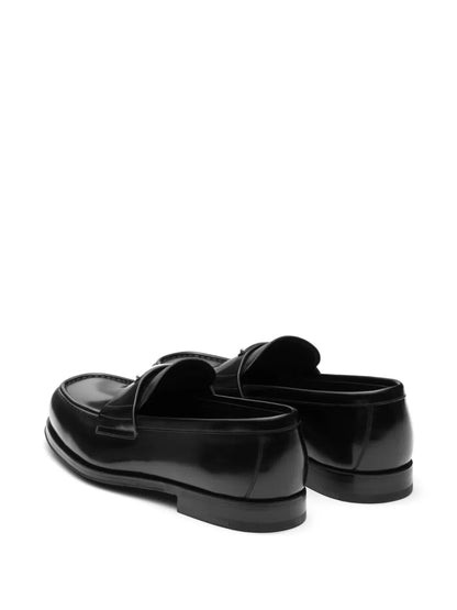 PRADA Black triangle logo brushed leather loafers
