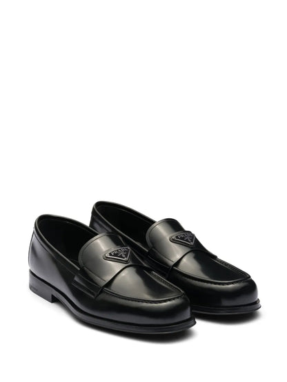 PRADA Black triangle logo brushed leather loafers