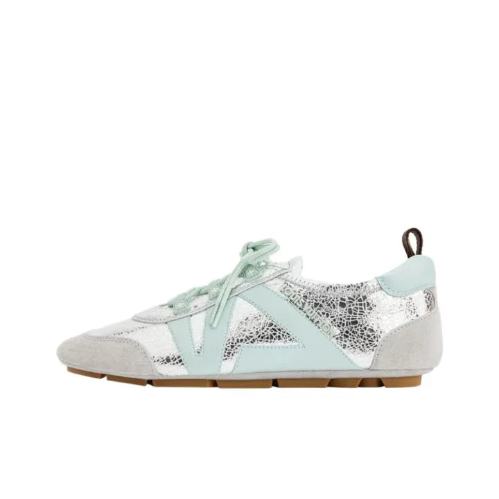 Louis Vuitton LV Sneakerina Silver featuring cracked metallic lambskin with pastel-colored