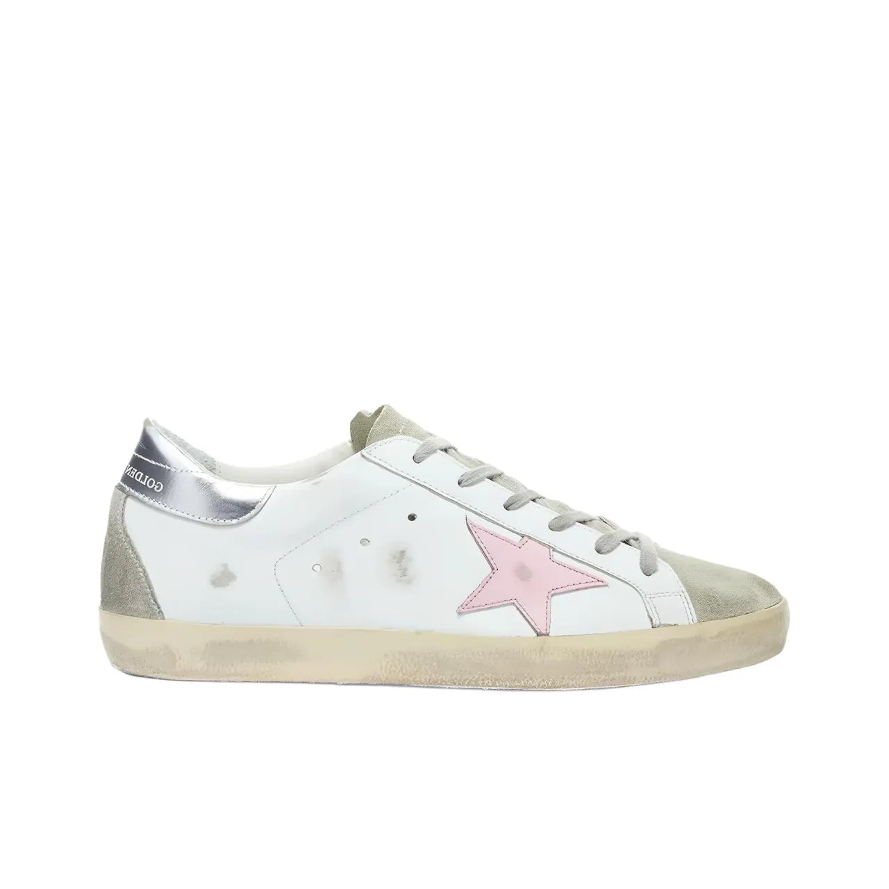 Golden Goose Super Star White Pink Star and Sliver tab heel Sneakers