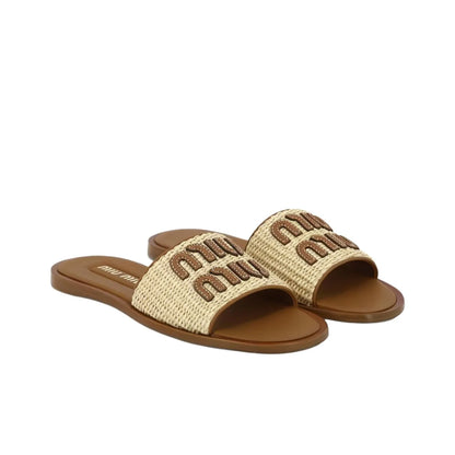 Miu Miu Ecru Brown Flip-Flops