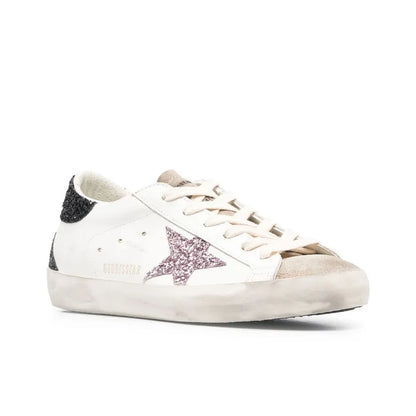 Golden Goose Super Star White Rose Glitter Star and Black Glitter tab heel Sneakers