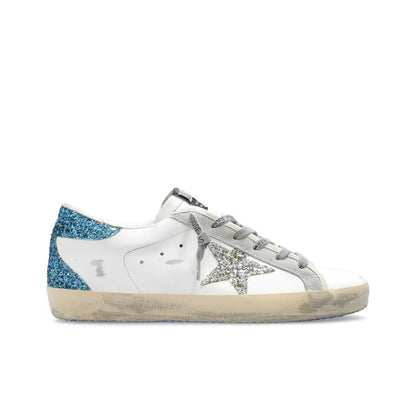 Golden Goose Super White Silver Snakeskin Star and Turquoise tab heel Sneakers