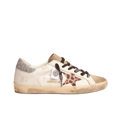Golden Goose Super Star Black Glitter Star and Leopard tab heel Sneakers
