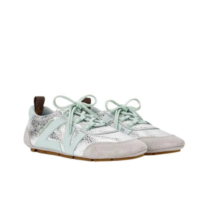 Louis Vuitton LV Sneakerina Silver featuring cracked metallic lambskin with pastel-colored