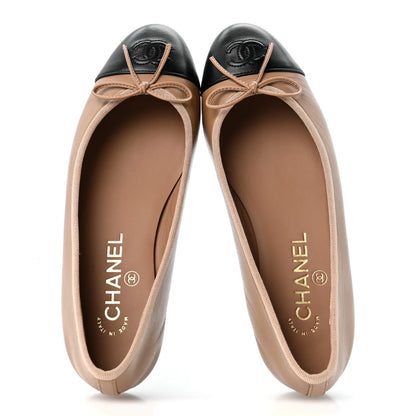 CHANEL Lambskin Cap Toe CC Dark Beige Black Ballerina Flats