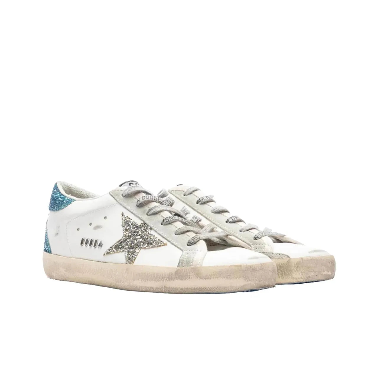 Golden Goose Super White Silver Snakeskin Star and Turquoise tab heel Sneakers