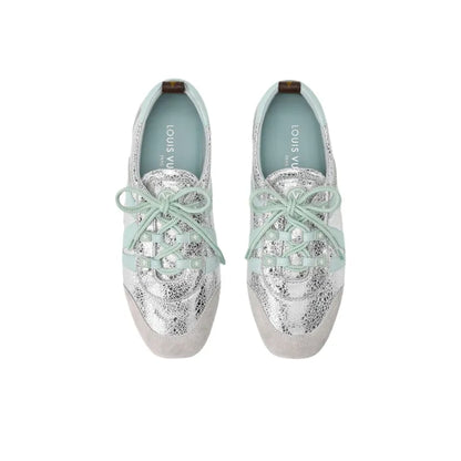 Louis Vuitton LV Sneakerina Silver featuring cracked metallic lambskin with pastel-colored