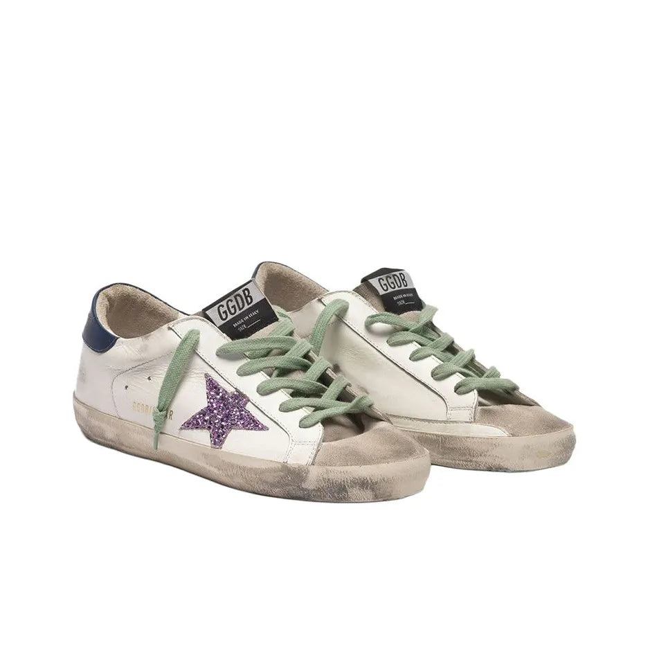 Golden Goose Super Star White Purple Glitter Star Navy tab heel Sneakers