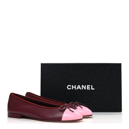 CHANEL Lambskin Cap Toe CC Burgundy Pink Ballerina Flats
