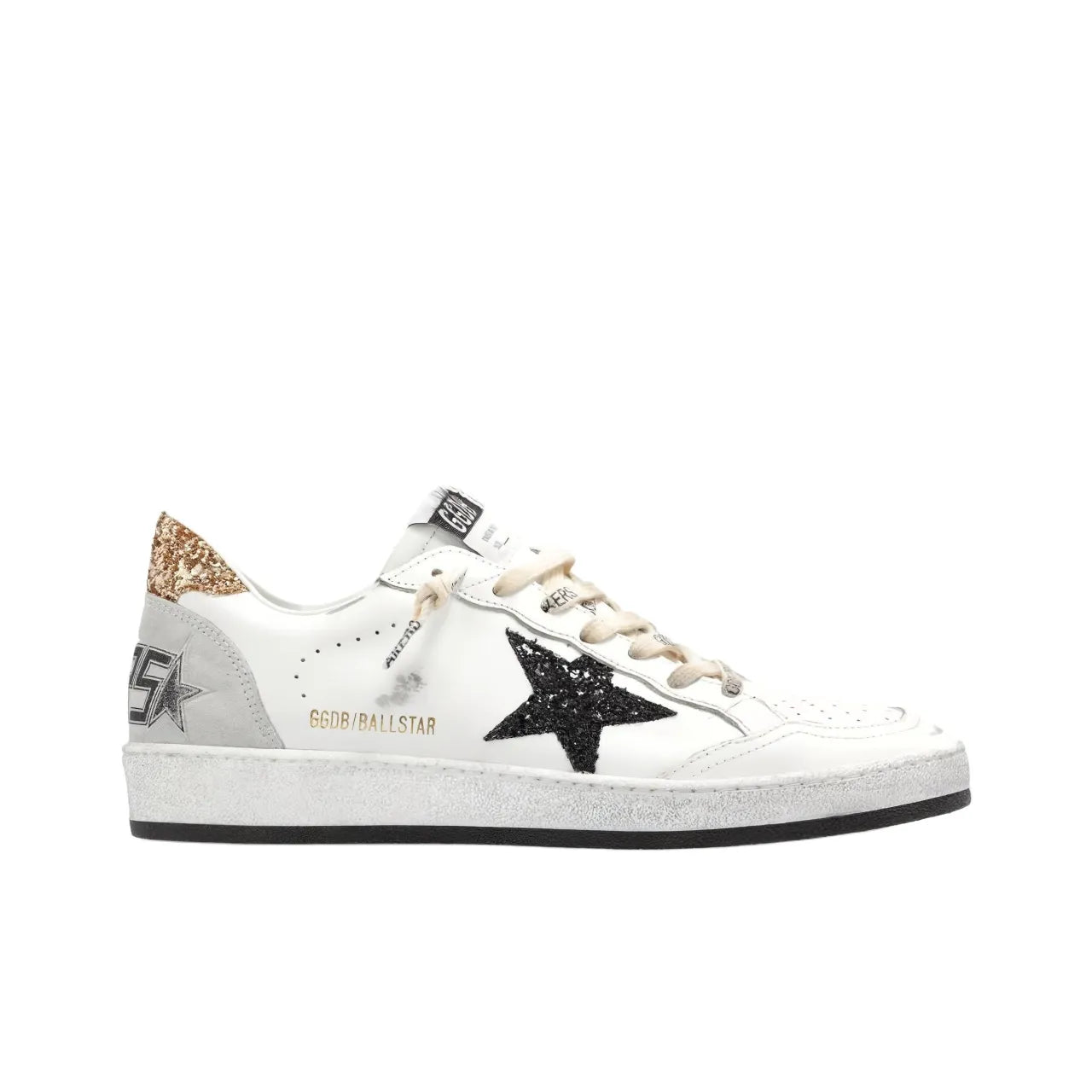 Golden Goose Ball Star White Black Glilter Star and Gold Glitter tab heel Sneakers