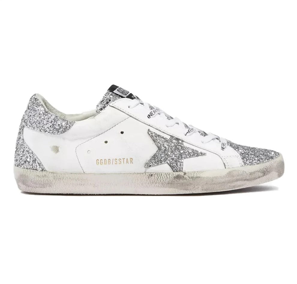 Golden Goose white leather Super-Star with glittery heel tab_Unique Store