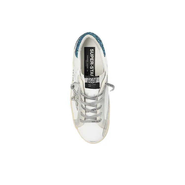 Golden Goose Super White Silver Snakeskin Star and Turquoise tab heel Sneakers